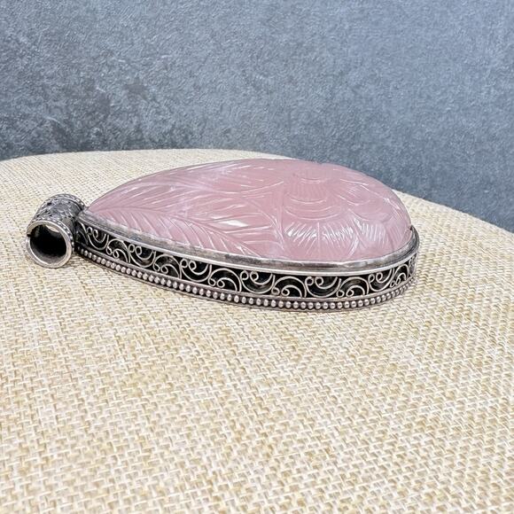 Vitnage Large Teardrop Carved Rose Quartz Sterling Silver Pendant Over 3 Inch - Picture 8 of 11